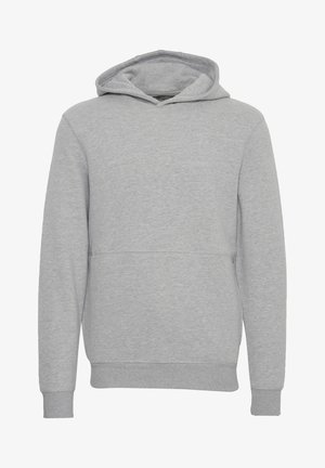 Gray hooded sweatshirt made of soft fabric. Features a kangaroo pocket and ribbed cuffs. Simple design with a relaxed fit.