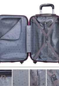 Maleta de ruedas morada con un interior gris, que presenta patrones geométricos, un bolsillo con cremallera y correas de seguridad para los artículos.