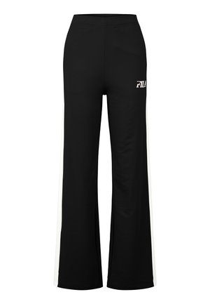 Joggers de poliéster negro con una franja lateral blanca y un logo de Fila en la parte trasera de la cintura. Cuenta con una cinturilla elástica y un corte de pierna ancha.