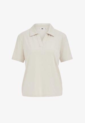Beige poloshirt met korte mouwen en een open V-hals, afgebeeld tegen een effen witte achtergrond.