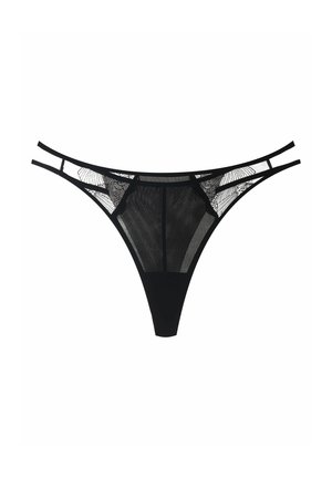 Czarny koronkowy string z panelami z siateczki, z kwiatowym wzorem i cienkimi elastycznymi paskami po bokach. Gładki materiał i minimalistyczny krój.