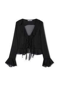Blusa nera trasparente con frontale arricciato e maniche a campana. Presenta un profondo scollo a V e lacci al collo. Tessuto morbido e leggero.