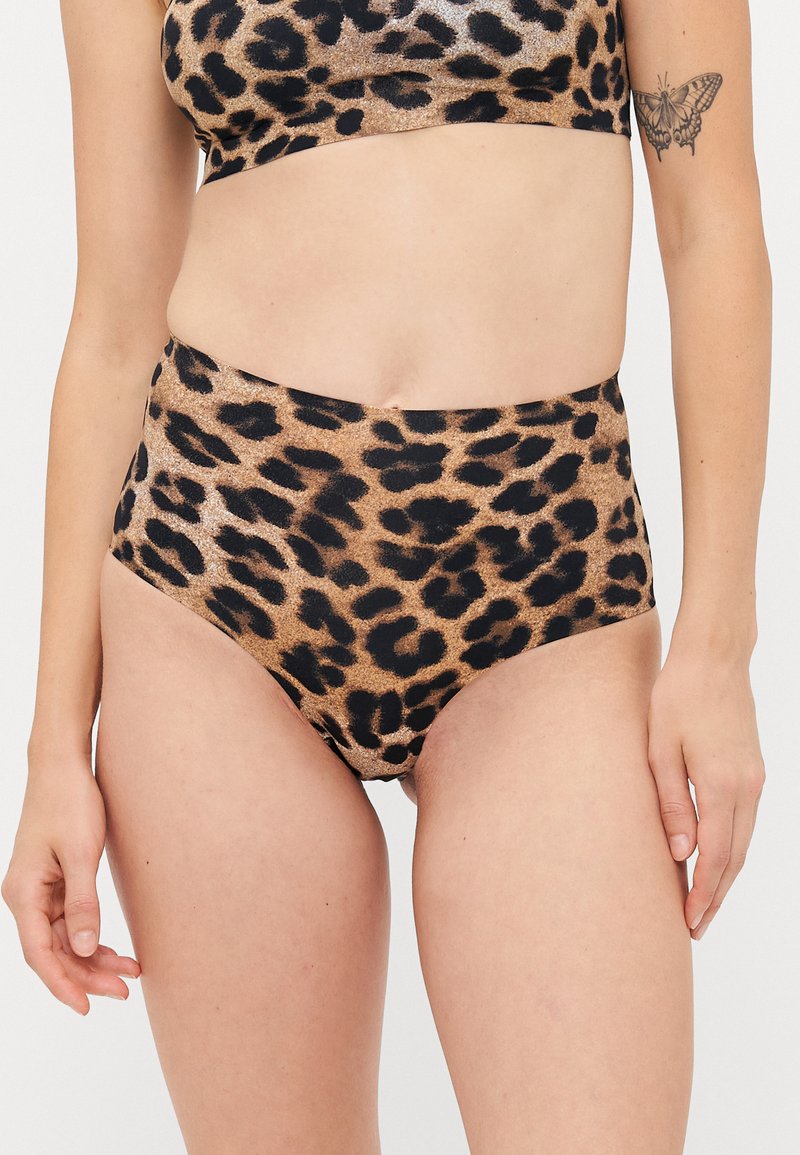High-waisted leopard print bikini bottom in a shimmering gold and black fabric, featuring a smooth texture and bold leopard spots.