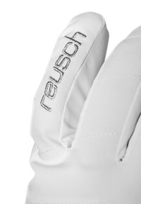 Gant de ski blanc avec une texture douce et lisse. Présente un logo "reusch" brodé en argent dans la zone du poignet. Design ergonomique pour le confort.