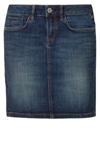 Jeanskjol i mörkblått med rak skärning, femficksdesign, framknäppning och synliga sömnadselement. Mjuk textur.