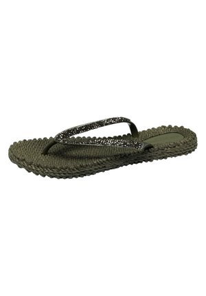 Dark woven flip-flop sandal with textured sole and glittery black thong straps.