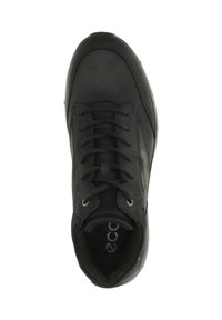 Schwarze Sneakers mit einem glatten Lederoberteil, runder Spitze und Schnürverschluss. Verfügt über eine gepolsterte Innensohle und eine texturierte Stoffauskleidung.
