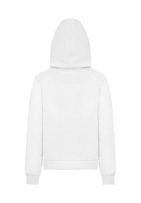 Biała bluza z kapturem na sznurki, z prążkowanymi mankietami i dołem. Miękka tkanina, minimalistyczny design, bez widocznych logo lub wzorów.