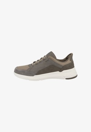Men's casual sneaker in shades of brown and gray with mesh and suede upper, lace-up closure, and white rubber sole.