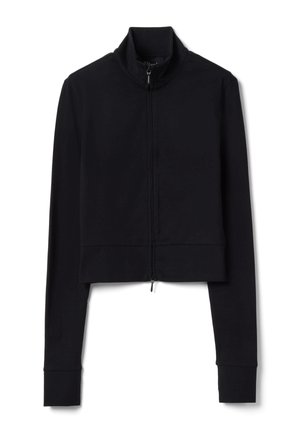 Zwarte cropped jas met lange mouwen, hoge kraag en rits aan de voorkant, afgebeeld op een witte achtergrond.