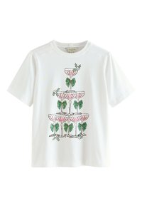 Maglietta bianca in cotone con design illustrato di bicchieri impilati con fiocchi rosa e foglie verdi. Maniche corte, scollo rotondo.