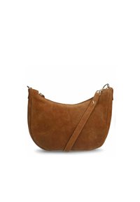 Brązowa zamszowa torba na ramię o zaokrąglonym kształcie, z długim regulowanym paskiem i zapięciem na zamek. Gładka tekstura z minimalną ilością okuć.