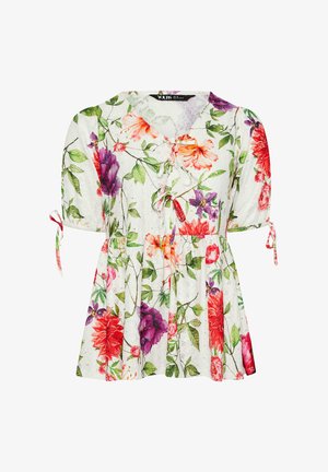 Hvid kortærmet bluse med farverigt blomsterprint, V-hals bundet med snore og puffede ærmer samlet med små sløjfer.