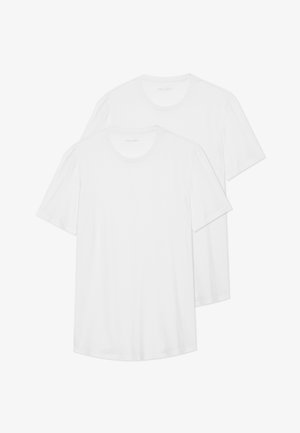 Zwei weiße Kurzarm-T-Shirts aus Baumwolle mit Rundhalsausschnitt, weichem Material und einem einfachen, schlichten Design.