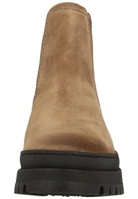 Tan suede ankle boot with a smooth finish, black rubber sole, and minimal stitching details along the seams.