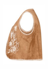 Bruin suède kledingstuk met witte bloemenborduursels, kleine kraalaccenten, een mouwloze ontwerp en een gladde textuur.