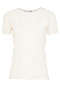 Světlý béžový tričko s krátkým rukávem a kulatým výstřihem, vyrobené z měkké tkaniny, s hladkou strukturou a minimalistickým designem.