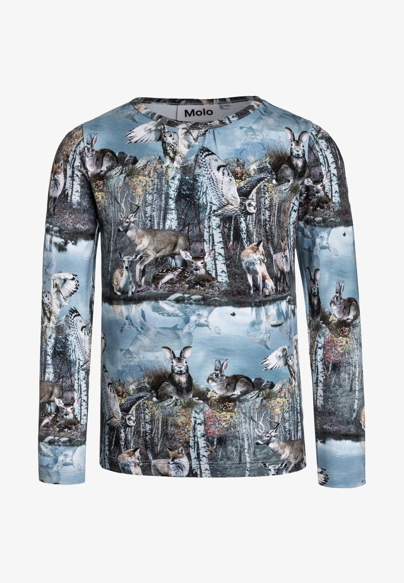 Long-sleeve shirt featuring a nature scene print with animals like deer, rabbits, and owls, set against a blue and gray backdrop.