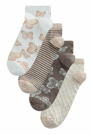 Four ankle socks in beige and brown tones: one white with butterflies, one striped, one brown with butterflies, and one solid textured pattern.