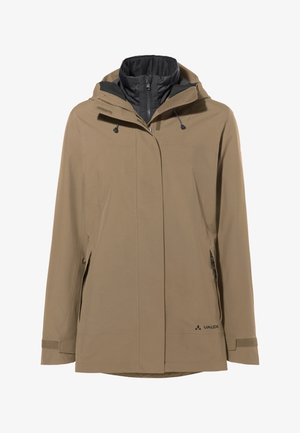 Braune wasserdichte Jacke mit Kapuze, ausgestattet mit Reißverschlusstaschen, einem Doppel-Lagen-Design und verstellbaren Manschetten. Markenlogo auf der linken unteren Seite.