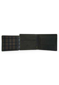 Cartera de cuero negro con forro de patrón de cuadros, múltiples ranuras para tarjetas, un bolsillo para monedas y detalle de protección RFID. Diseño compacto para un fácil transporte.