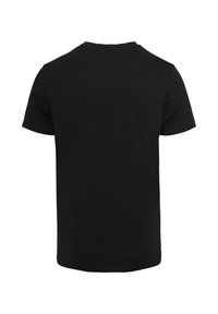 Black cotton t-shirt with a round neck, short sleeves, and a plain back. Smooth texture, no visible patterns or embellishments.