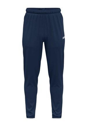 Marineblaue Sporthose mit elastischem Bund und verengten Beinen, mit kleinem weißem Logo am rechten Oberschenkel.