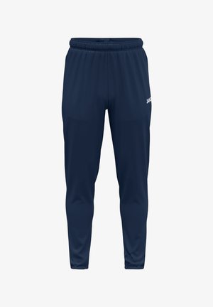 Marineblaue Sporthose mit elastischem Bund und verengten Beinen, mit kleinem weißem Logo am rechten Oberschenkel.