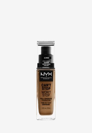 NYX Can't Stop Won't Stop Foundation in Almond, 30 ml, Glasflasche mit schwarzem Pumpdeckel, matte Finish, stark deckende Formel, hellbraune Nuance.