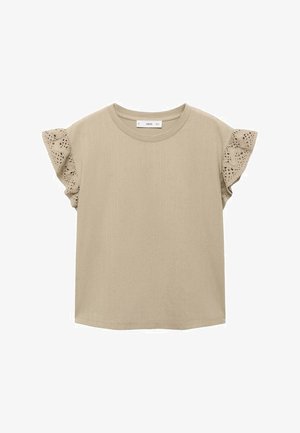Beige t-shirt with short ruffled sleeves featuring lace detailing, a round neckline, and vertical ribbed texture on the main body.