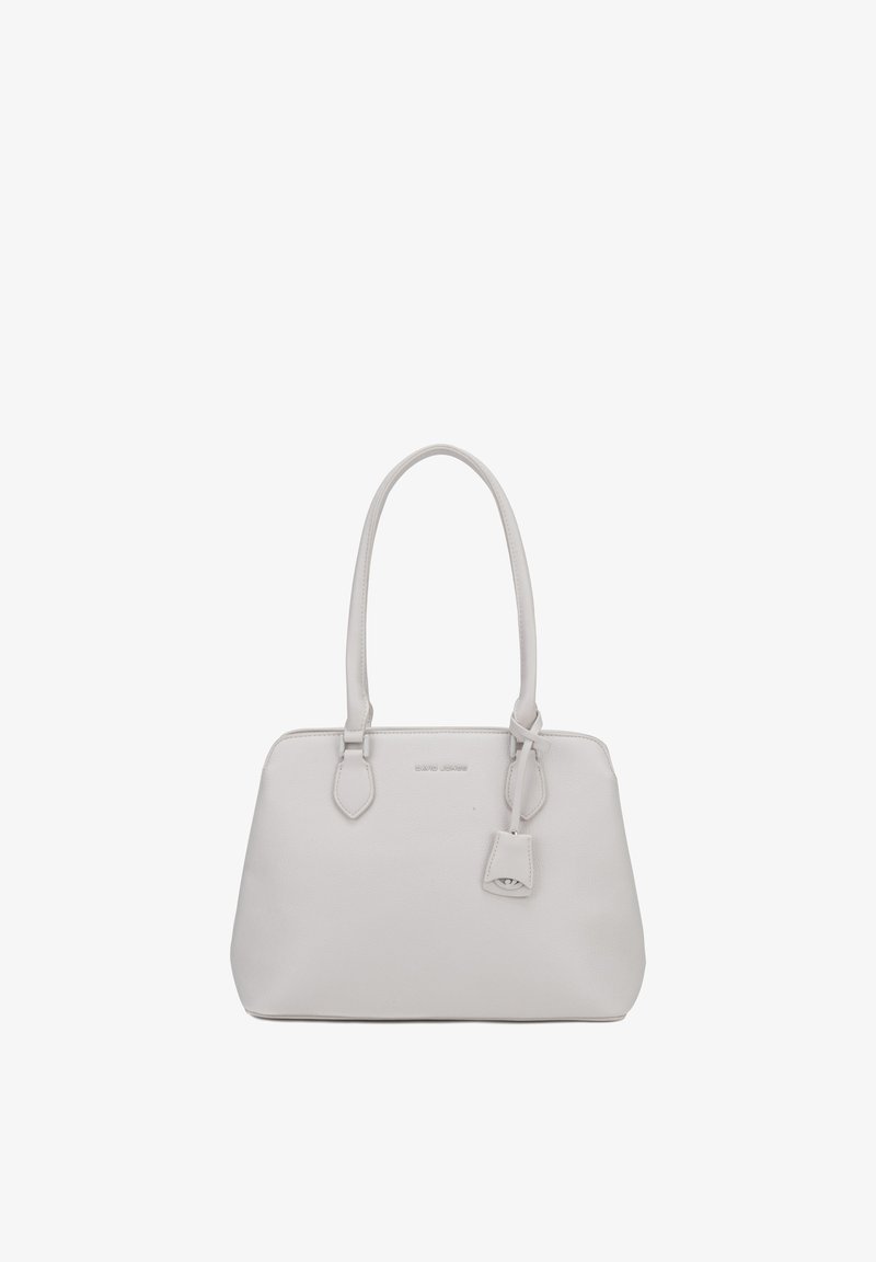 Sac à main en cuir gris clair avec deux poignées et un petit détail de pochette attachée, design minimaliste, sur fond blanc.