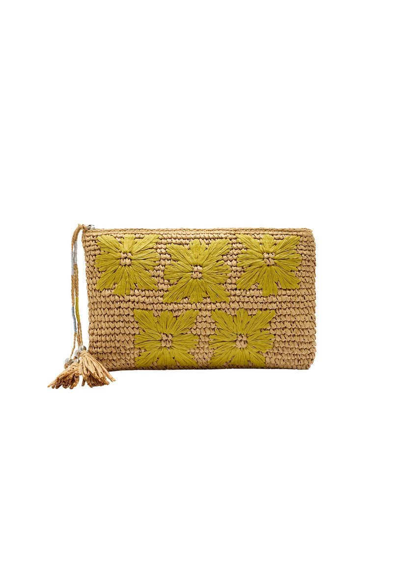 Spleciona torebka ze słomy z żółtym haftem kwiatowym, prostokątny kształt, zamek błyskawiczny, oraz frędzel po jednej stronie.
