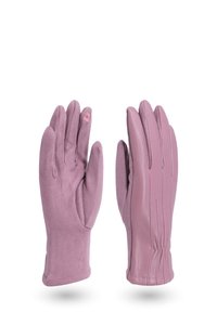 Un paio di guanti rosa, uno in suede con un piccolo dettaglio floreale sul dito indice, l'altro in pelle liscia con dettagli cuciti.