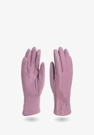 Un paio di guanti rosa, uno in suede con un piccolo dettaglio floreale sul dito indice, l'altro in pelle liscia con dettagli cuciti.