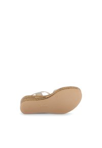 Light beige wedge sandal with a textured rubber sole, featuring a woven jute accent around the midsole and dual strap design.