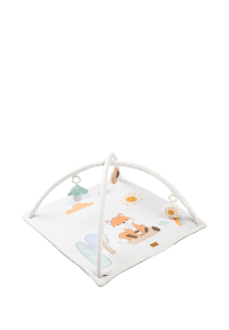 Play mat with a white soft surface featuring pastel animal illustrations, a fox, and hanging toys on a lightweight arch frame.