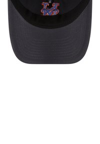 Black baseball cap with a curved brim, featuring a prominent multicolored embroidered "M" logo on the front. Cotton material.