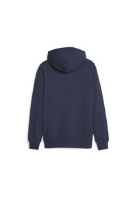 Marineblaue Kapuzenjacke aus weichem Stoff mit Kapuze, gerippten Bündchen und Saum. Hat eine glatte Textur und ein minimalistisches Design ohne sichtbare Logos.