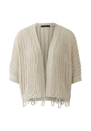 Cardigan en maille crème à ouverture devant, manches courtes, maille lâche, bordures côtelées et détails en fil bouclé le long de l'ourlet.