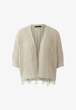 Offene, cremefarbene Strickjacke mit kurzen Ärmeln, lockerem Maschenbild, gerippten Abschlüssen und Schlaufen aus Garn entlang des Saums.