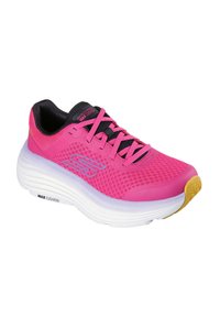 Scarpa sportiva rosa con tomaia in mesh, dettagli neri e suola spessa bianca. Presenta l'etichetta "MAX CUSHION" e suola esterna in gomma texturizzata.