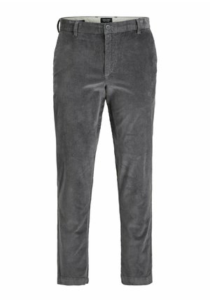 Gray corduroy trousers with a textured surface, straight legs, front button closure, and belt loops. Features vertical stripes and a classic fit.