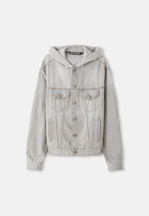 Light gray denim jacket with a detachable hood, button-up front, two chest pockets, and side pockets. Features visible stitching and silver hardware.