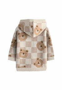Kapuzenpulli aus weichem beige Stoff mit einem Karomuster, das hellbraune Bärenköpfe zeigt, und einer strukturierten Oberfläche.