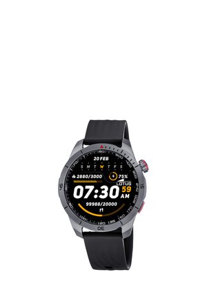 Smartwatch z czarnym paskiem pokazujący godzinę 07:30, datę 20 lutego, poziom baterii 75%, liczbę kroków oraz postęp dziennej aktywności na okrągłym ekranie cyfrowym.