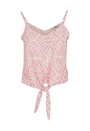 Roze patroon cami met dunne bandjes en een frontale knoopdetail. Heeft geometrische ontwerpen in verschillende tinten roze op een lichte achtergrond.