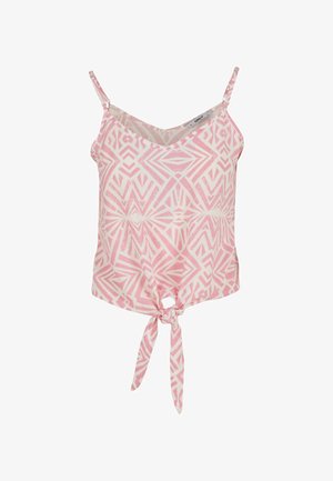 Ružový patterned top s tenkými ramienkami a detailom na viazanie na prednej strane. Má geometrické vzory v rôznych odtieňoch ružovej na svetlom pozadí.