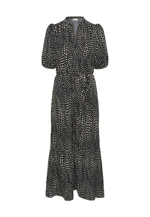 Mustast musta kleit valgete ebaühtlaste täppidega, volangvarrukatega, V-kaelusega, elastse vööga ja volangilise äärega.