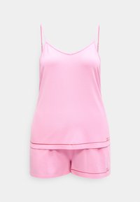 Roosa ööriiete komplekt, mis koosneb õhukeste rihmadega kampsunist ja lõdvestunud lõikega, millele sobivad samas toonis lühikesed püksid, mõlemad punase äärisega.