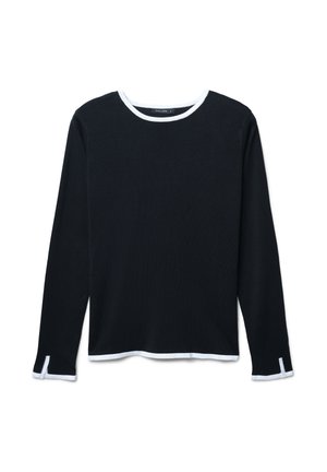 Haut noir à manches longues avec un col rond, bordure blanche contrastante et accents de poignets, fabriqué dans un tissu lisse. Design minimaliste.